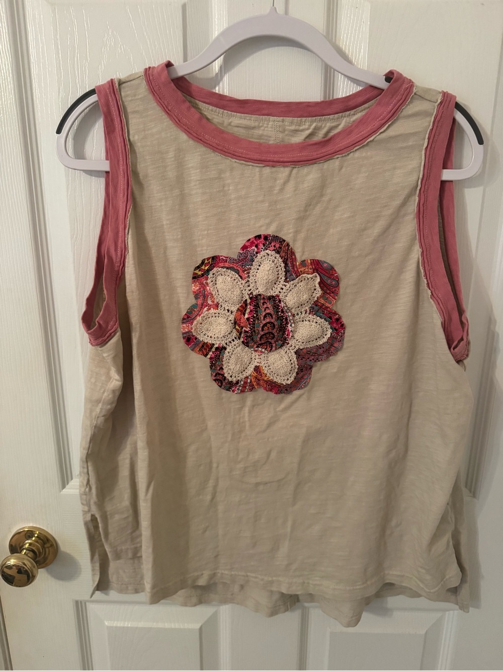 Women's Cream Tank Top with Pink Trim and Floral Applique